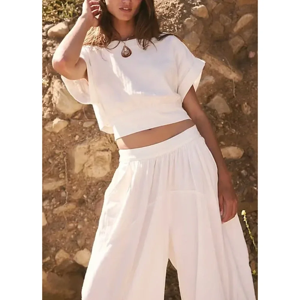 NEW FREE PEOPLE FREE-EST WHITE FEELIN' FREE CROPPED TOP HAREM PANTS SET SZ L